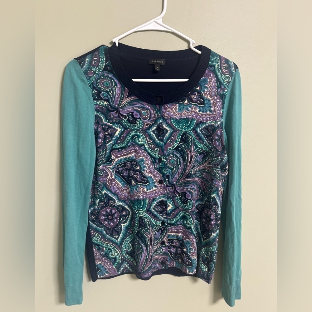 Talbots Blue Purple Paisley Button Up Cardigan Sweater Size Medium